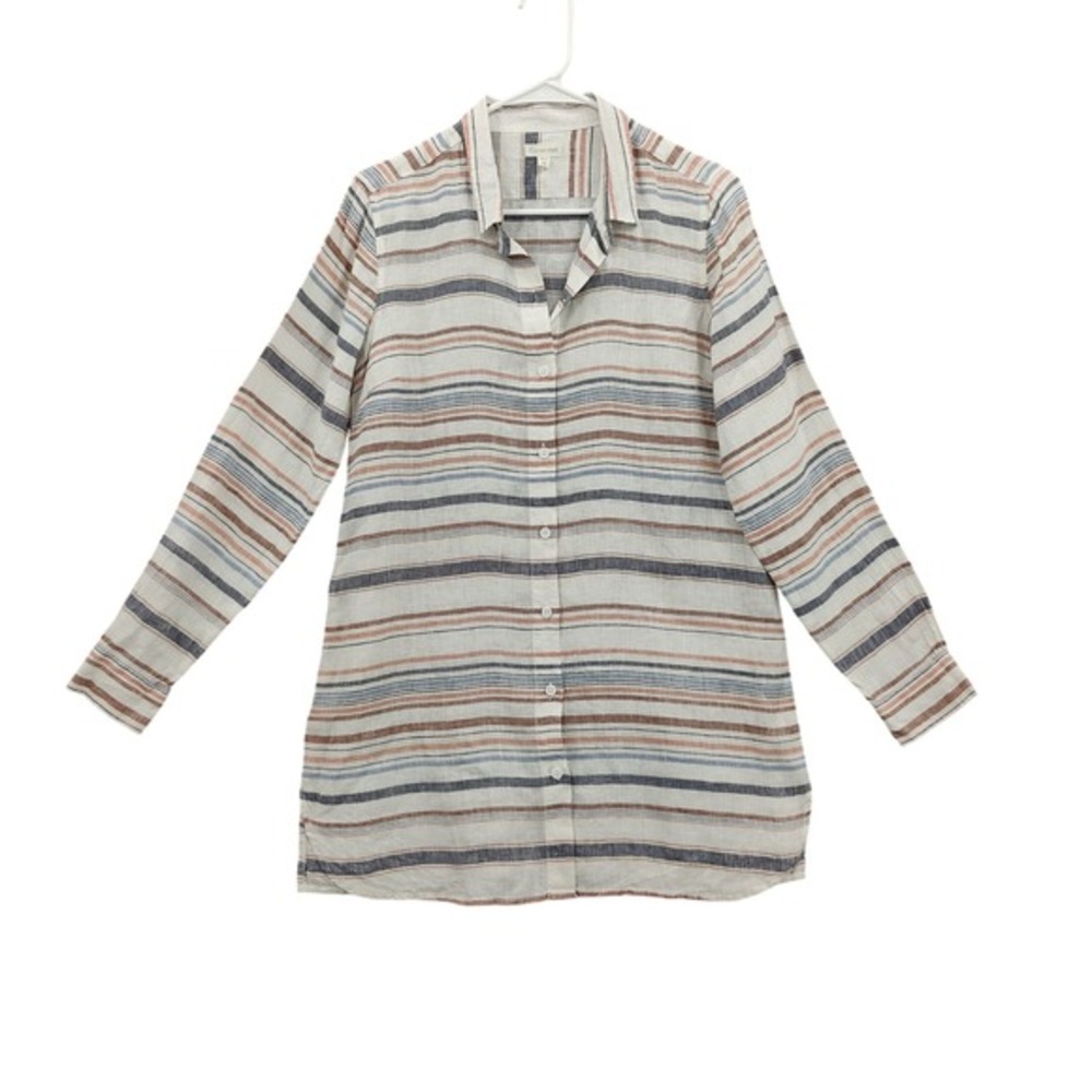 Garnet Hill Women Coastal Earthy Preppy 100% Linen Stripe Button Up Tunic XS Top